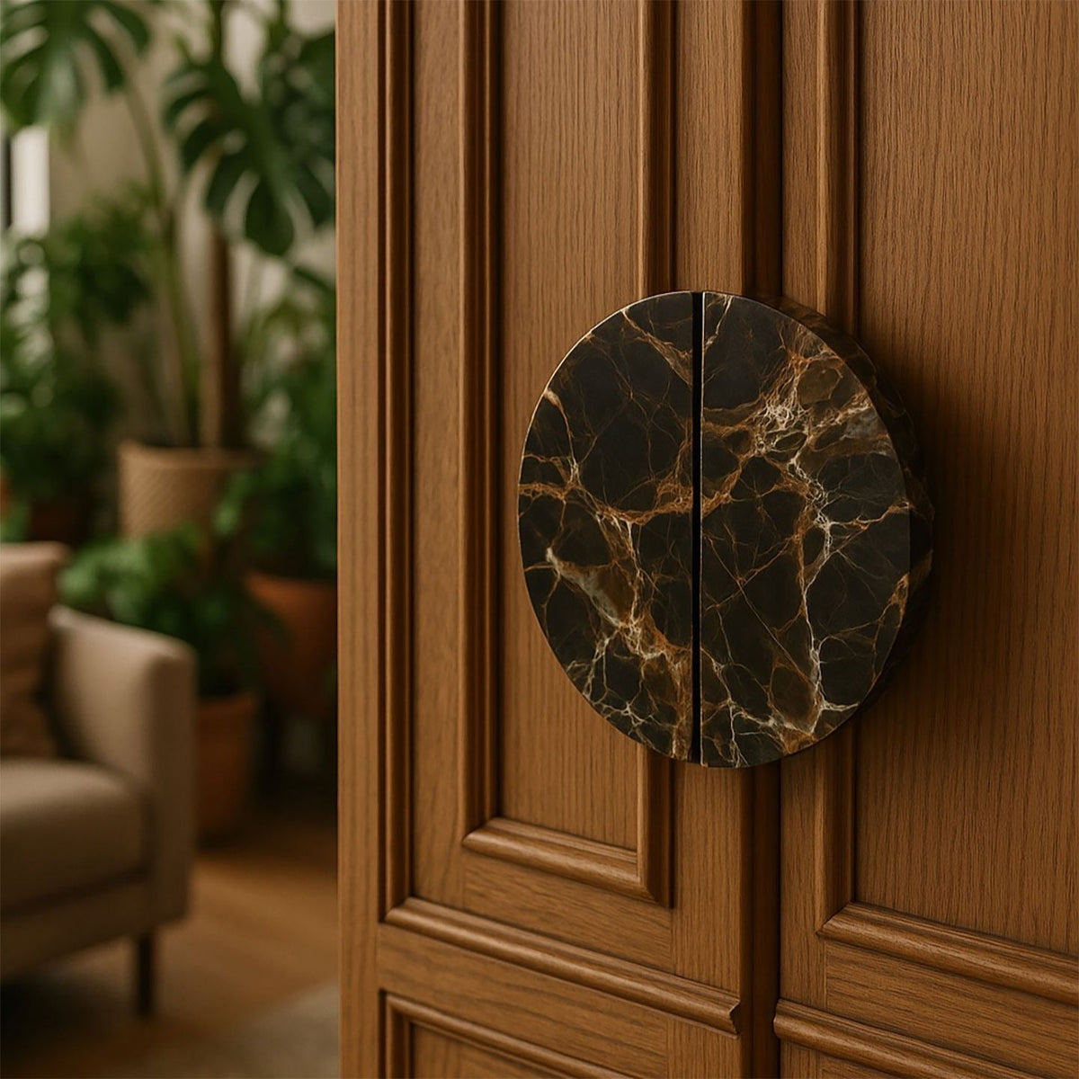 Sculptural Coffee Marble Door Handle with Brass Core
