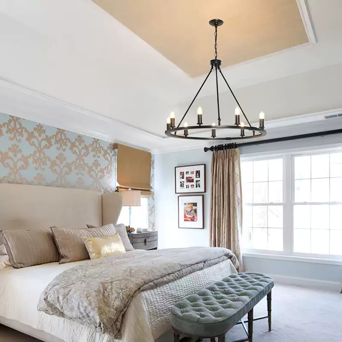 Black Ring Chandelier with Candle-Style Bulbs for Modern Interiors