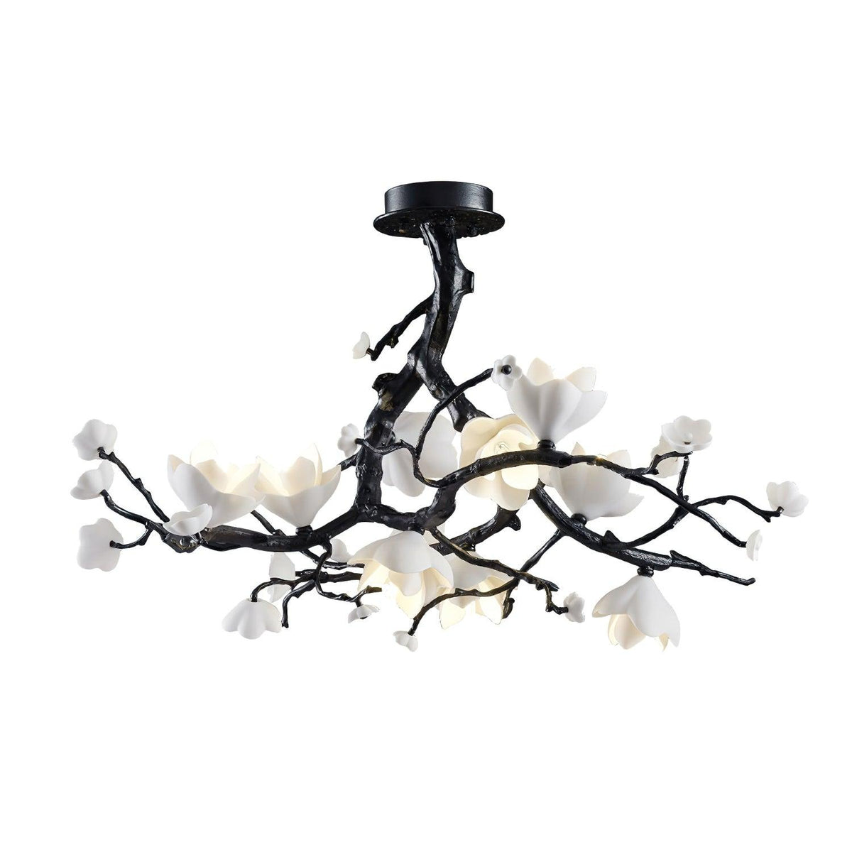 Black Copper Tree Chandelier — Organic Branch LED Chandelier with Ceramic Flowers