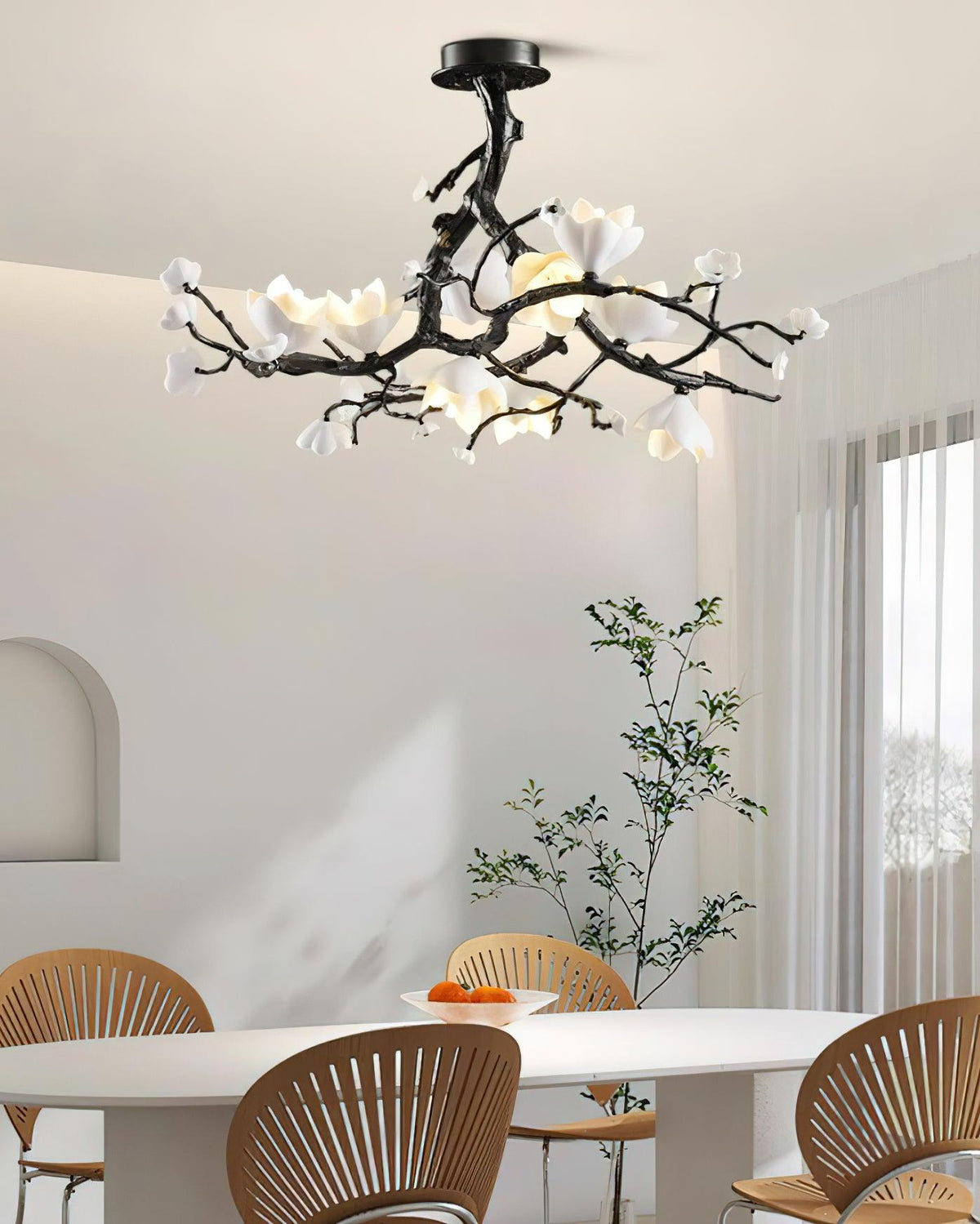 Black Copper Tree Chandelier — Organic Branch LED Chandelier with Ceramic Flowers