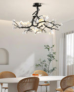 Black Copper Tree Chandelier — Organic Branch LED Chandelier with Ceramic Flowers