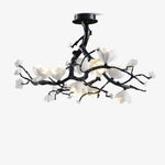 Black Copper Tree Chandelier — Organic Branch LED Chandelier with Ceramic Flowers