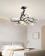 Black Copper Tree Chandelier — Organic Branch LED Chandelier with Ceramic Flowers