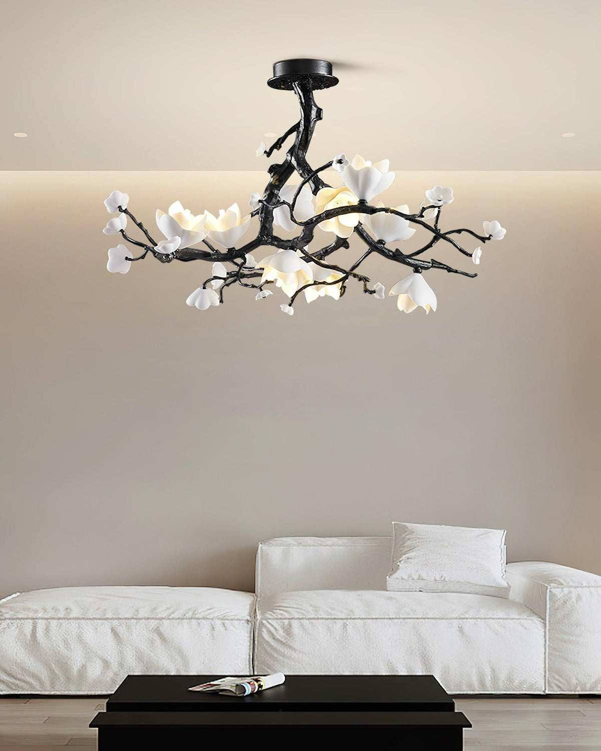 Black Copper Tree Chandelier — Organic Branch LED Chandelier with Ceramic Flowers
