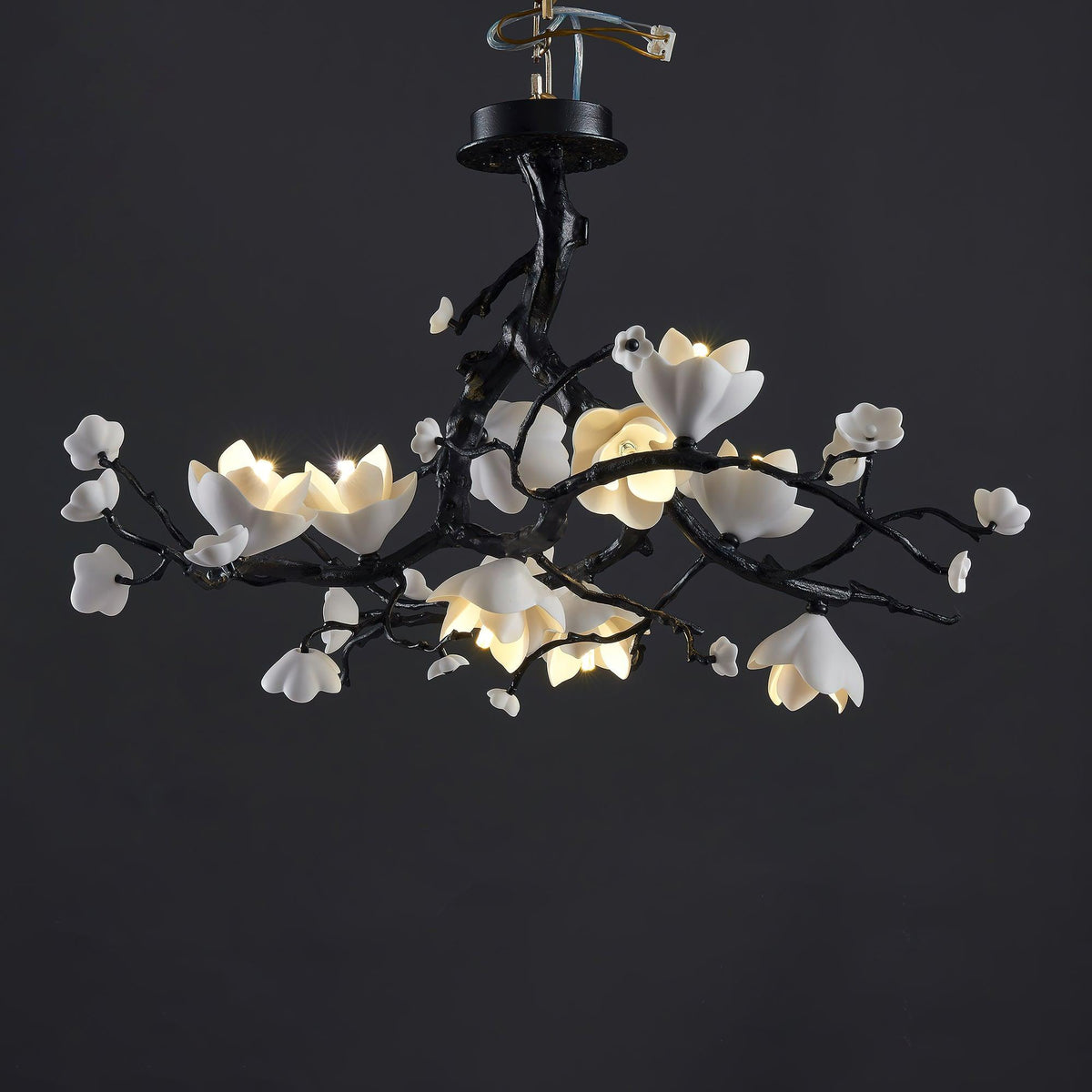 Black Copper Tree Chandelier — Organic Branch LED Chandelier with Ceramic Flowers
