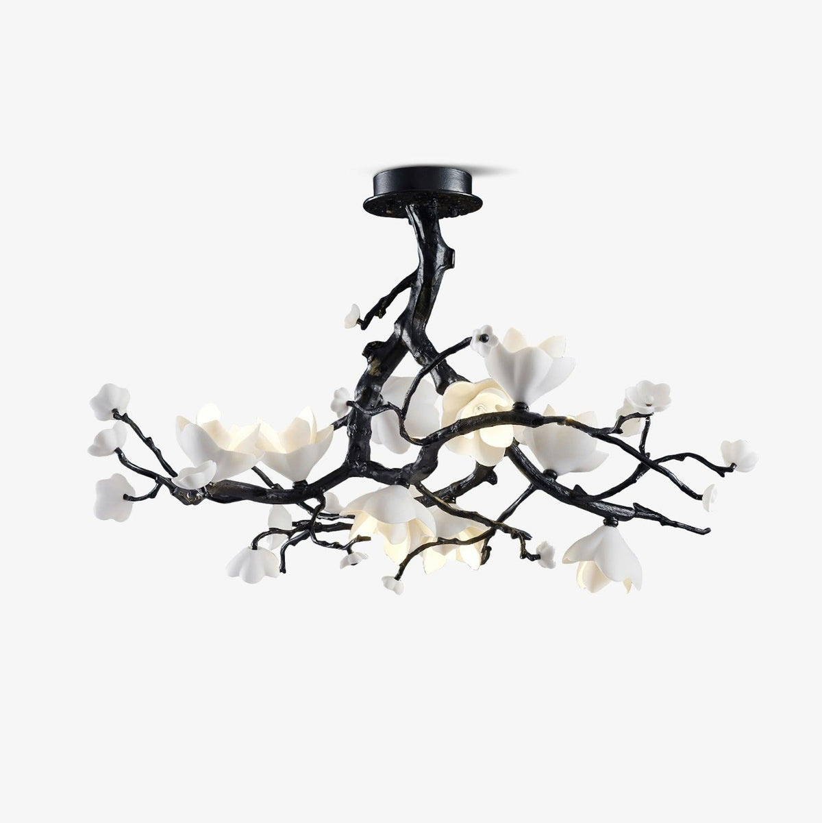 Black Copper Tree Chandelier — Organic Branch LED Chandelier with Ceramic Flowers