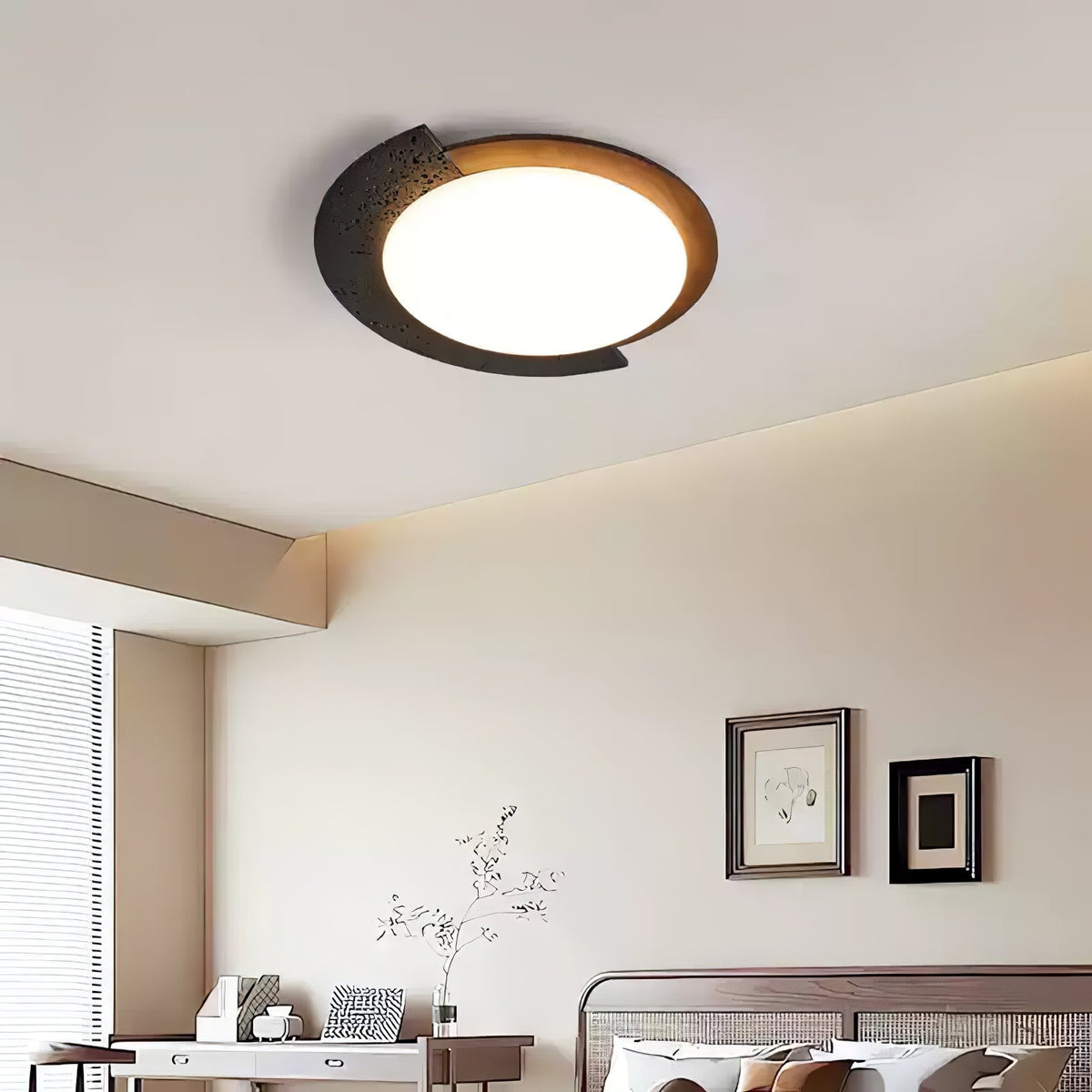 Black Travertine Ceiling Light with Walnut Accent – Modern Flush Mount LED