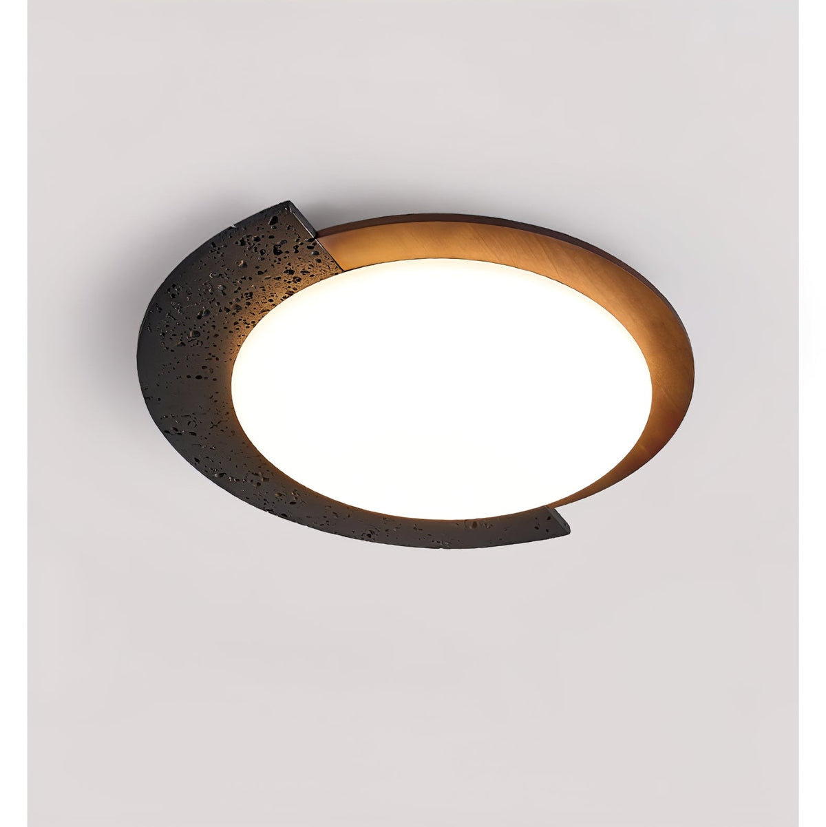 Black Travertine Ceiling Light with Walnut Accent – Modern Flush Mount LED