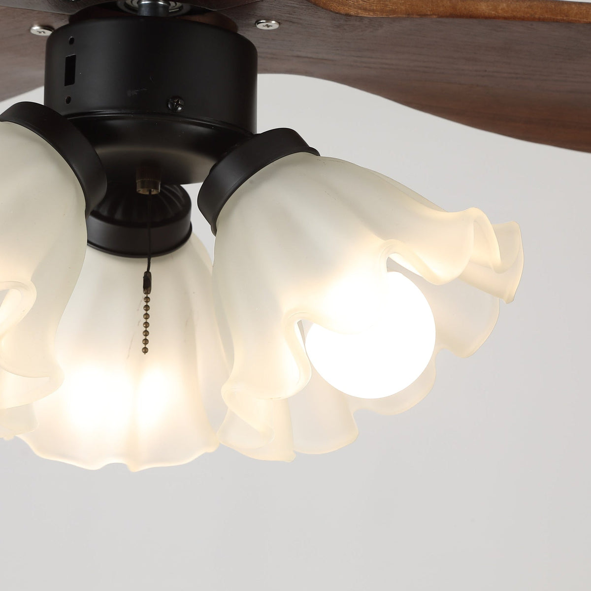 Bloom Air Ceiling Fan Light with Wooden Blades and Glass Shade