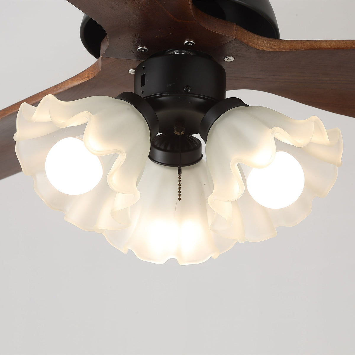 Bloom Air Ceiling Fan Light with Wooden Blades and Glass Shade