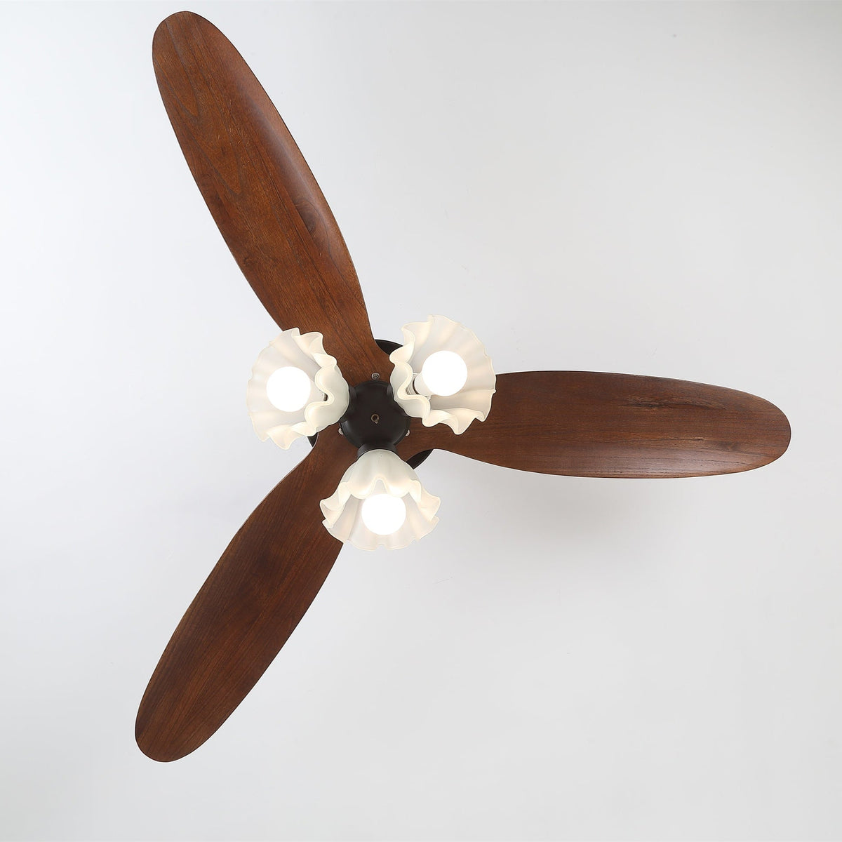 Bloom Air Ceiling Fan Light with Wooden Blades and Glass Shade