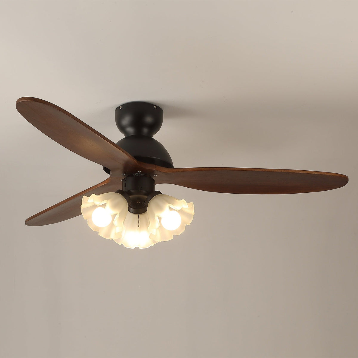 Bloom Air Ceiling Fan Light with Wooden Blades and Glass Shade