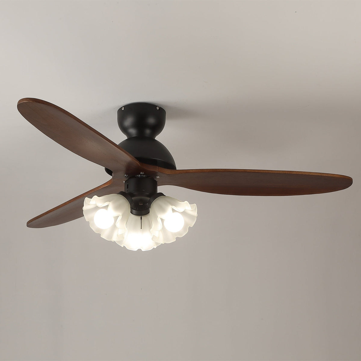 Bloom Air Ceiling Fan Light with Wooden Blades and Glass Shade