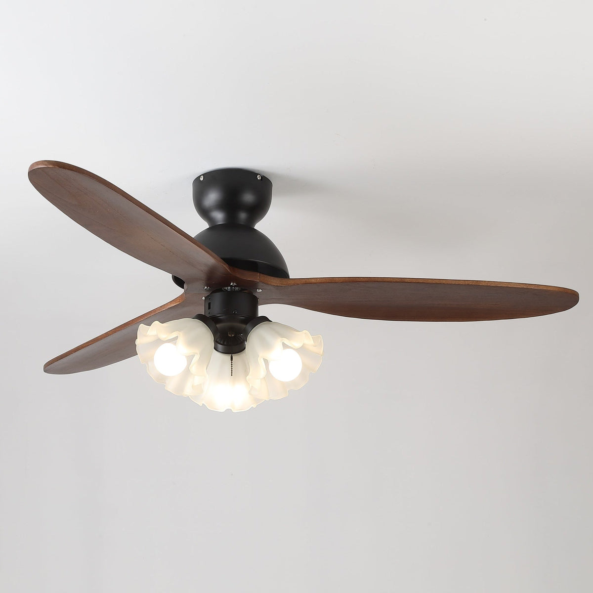 Bloom Air Ceiling Fan Light with Wooden Blades and Glass Shade