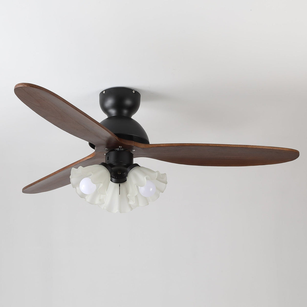 Bloom Air Ceiling Fan Light with Wooden Blades and Glass Shade