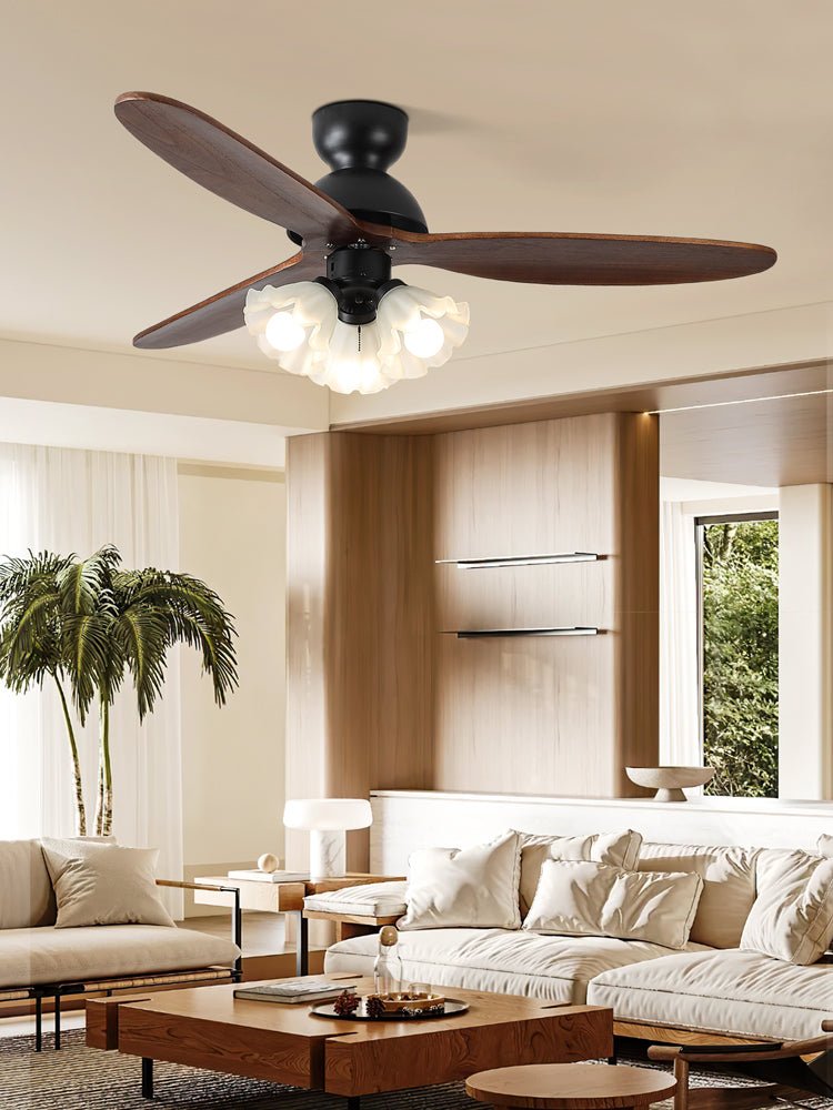 Bloom Air Ceiling Fan Light with Wooden Blades and Glass Shade