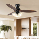 Bloom Air Ceiling Fan Light with Wooden Blades and Glass Shade