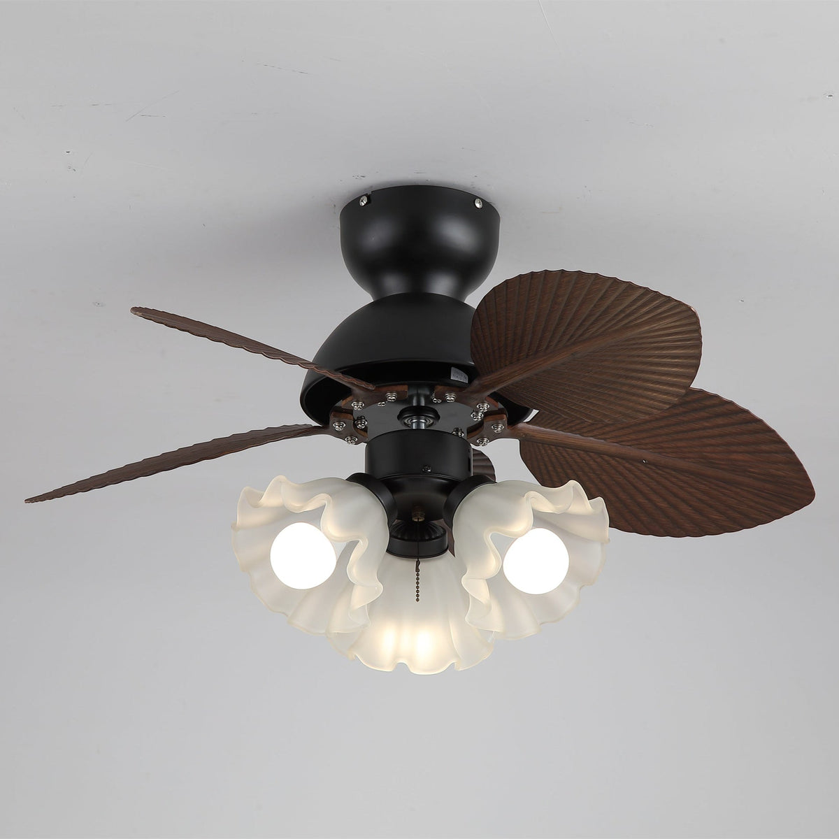 Bloom Breeze Ceiling Fan Light with Wooden Blades and Glass Shade