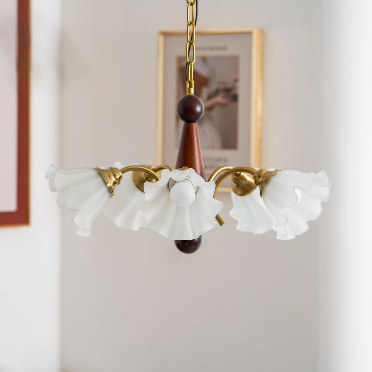 Bloomcrest Modern Glass Chandelier with Gold and Walnut Finishes