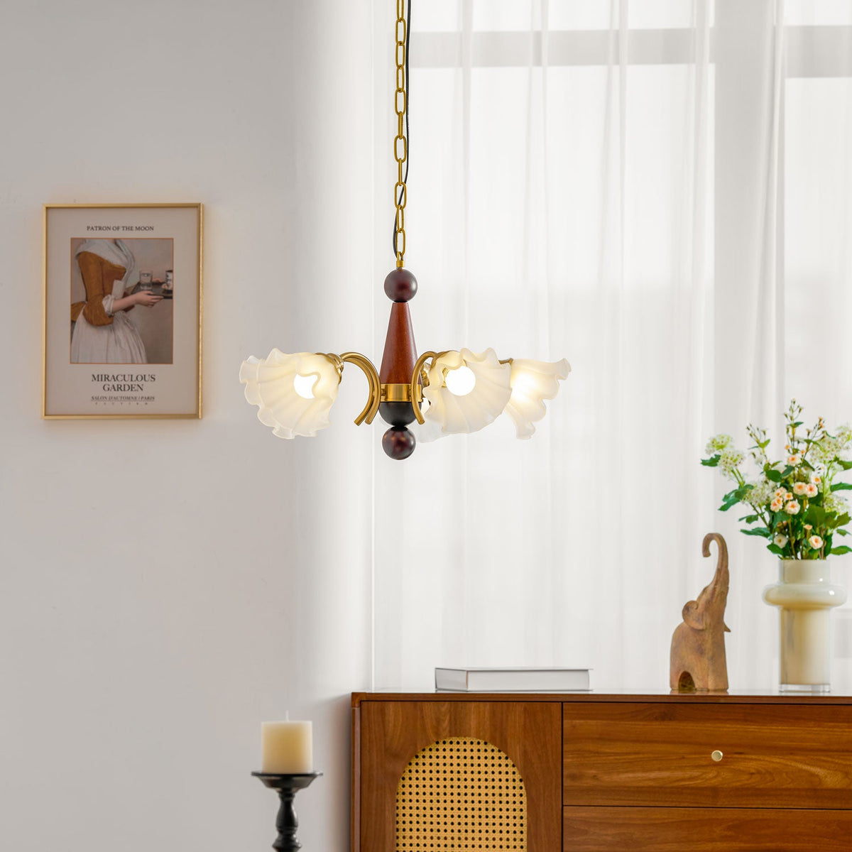 Bloomcrest Modern Glass Chandelier with Gold and Walnut Finishes