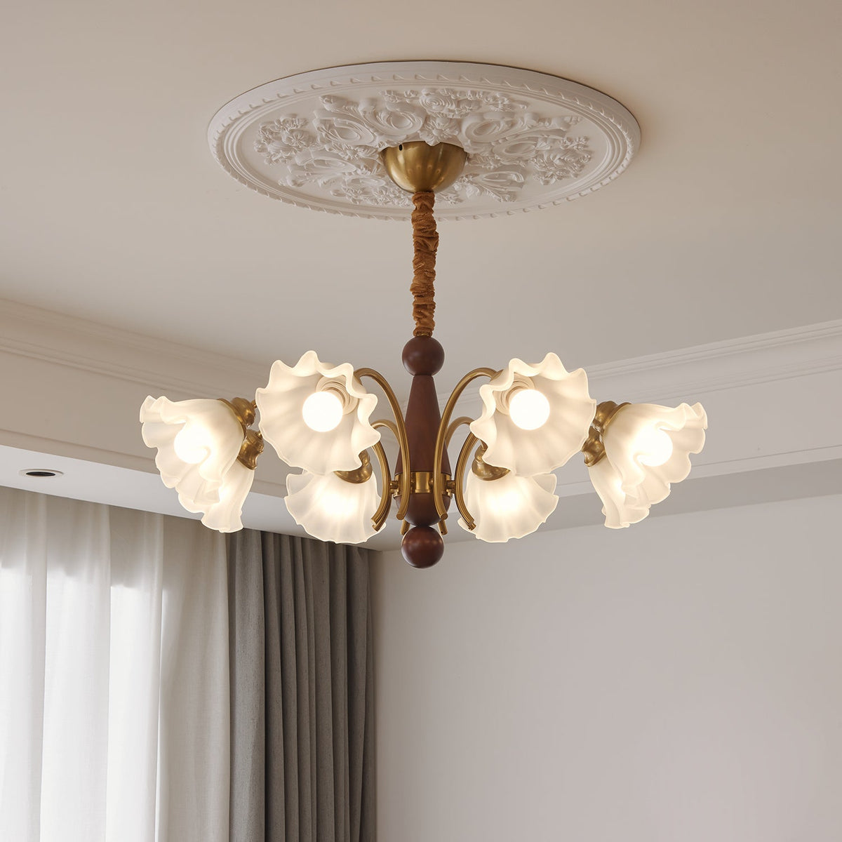 Bloomcrest Modern Glass Chandelier with Gold and Walnut Finishes