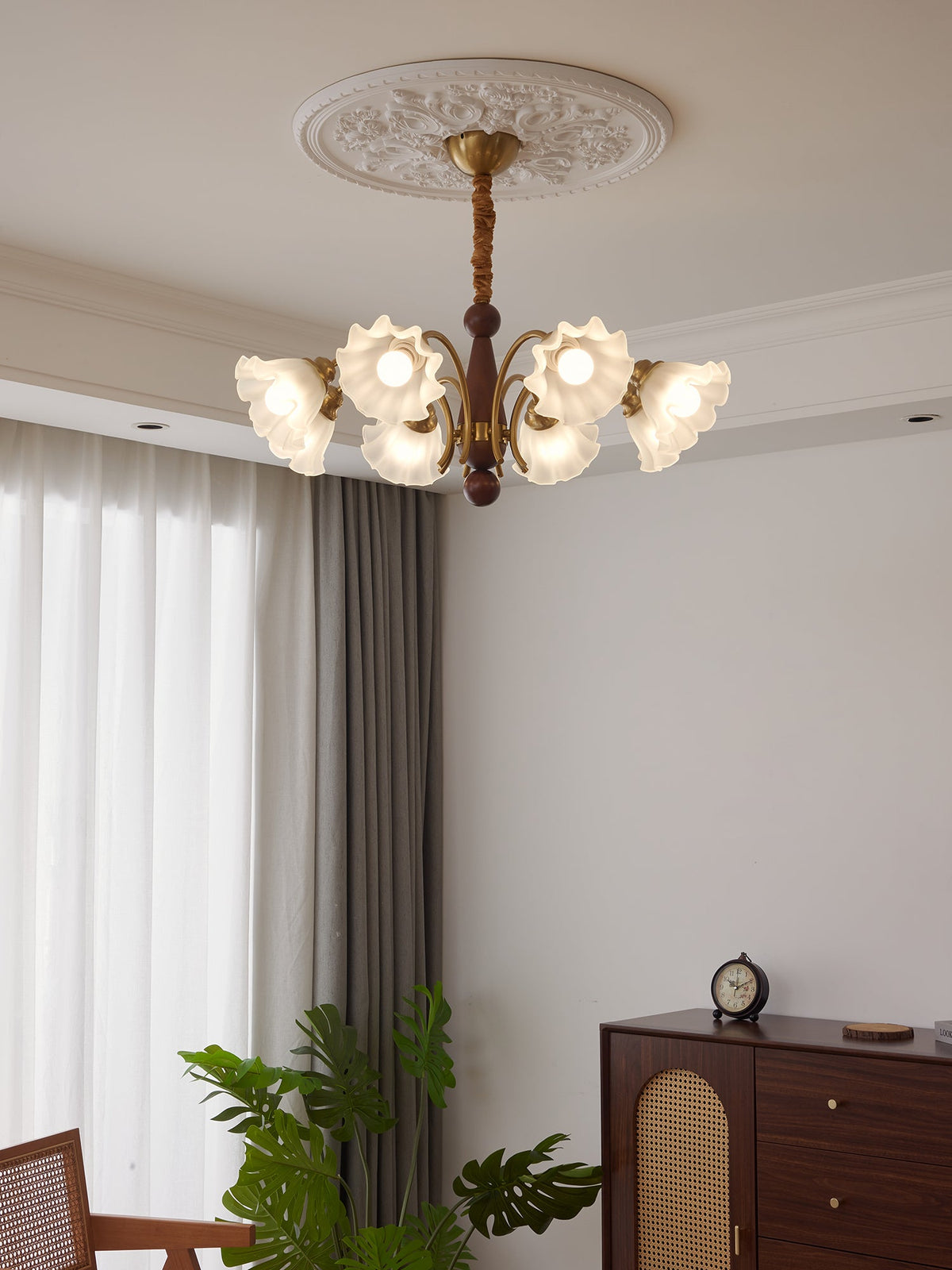 Bloomcrest Modern Glass Chandelier with Gold and Walnut Finishes