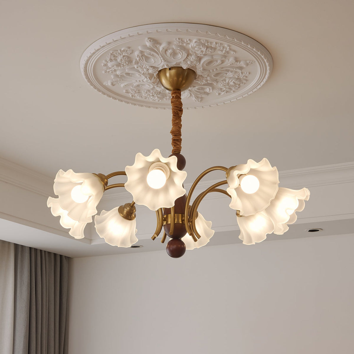 Bloomcrest Modern Glass Chandelier with Gold and Walnut Finishes