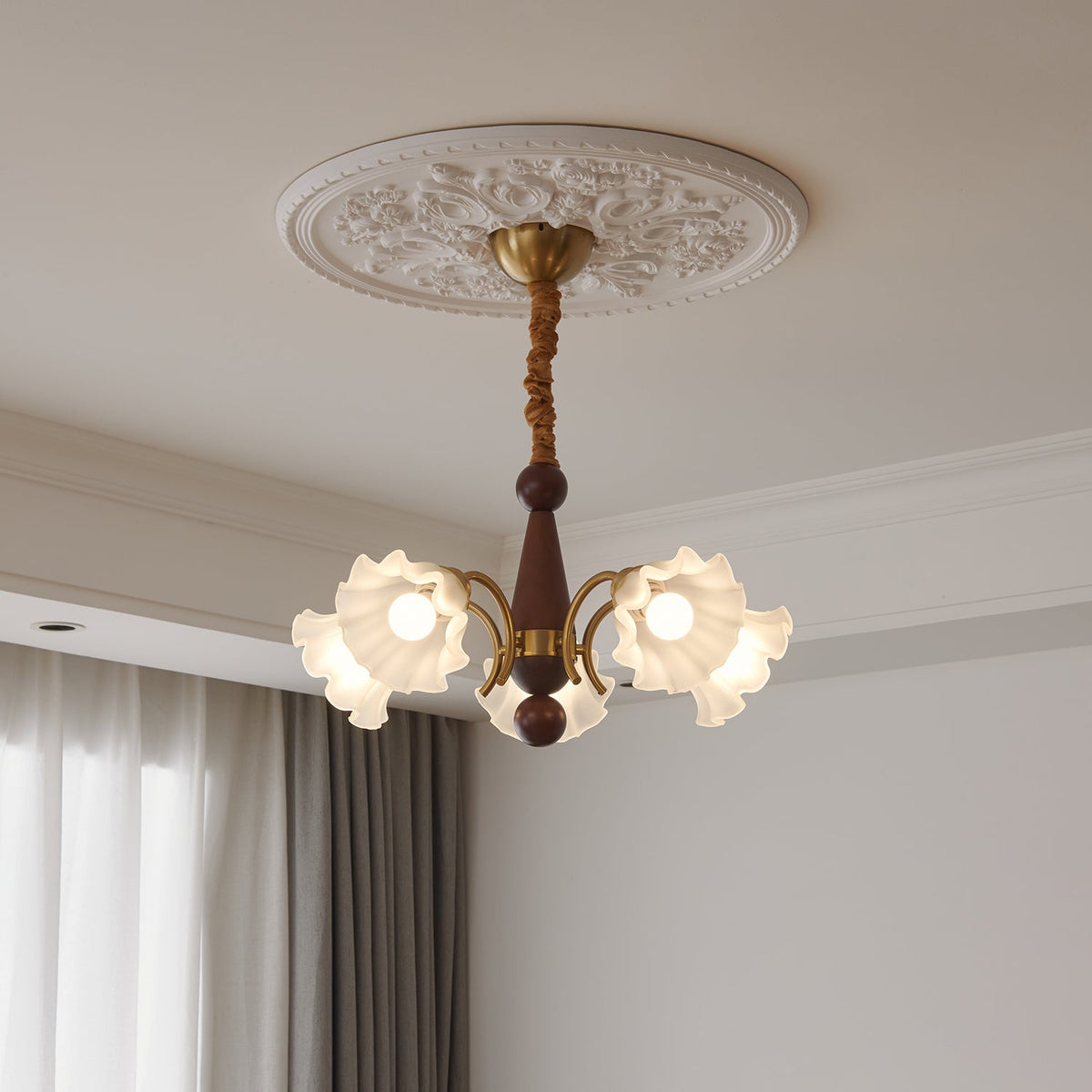 Bloomcrest Modern Glass Chandelier with Gold and Walnut Finishes