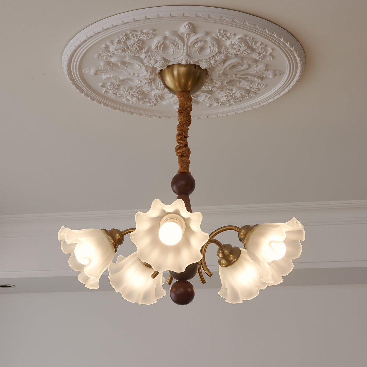 Bloomcrest Modern Glass Chandelier with Gold and Walnut Finishes