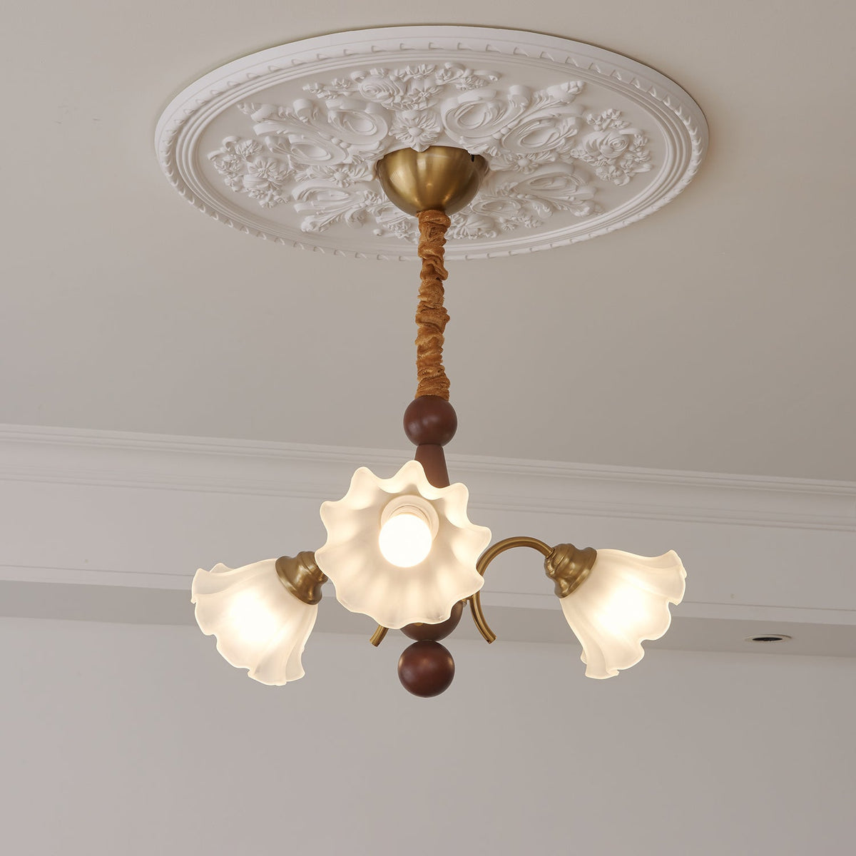 Bloomcrest Modern Glass Chandelier with Gold and Walnut Finishes