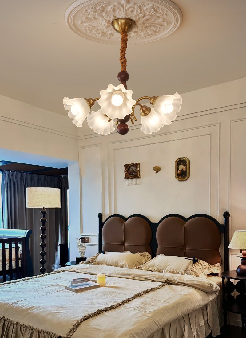Bloomcrest Modern Glass Chandelier with Gold and Walnut Finishes