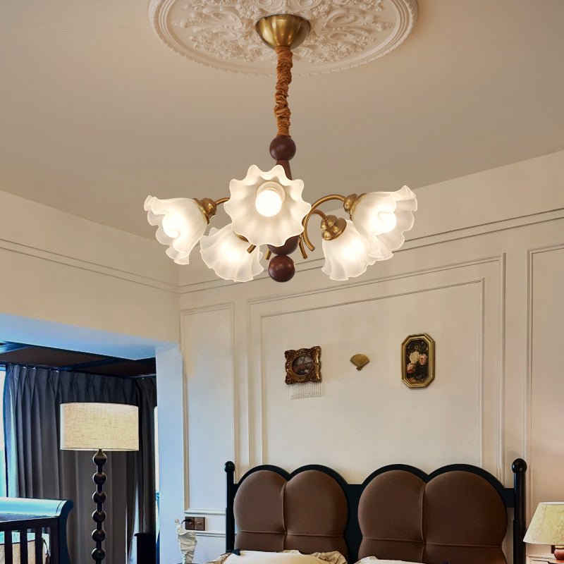 Bloomcrest Modern Glass Chandelier with Gold and Walnut Finishes