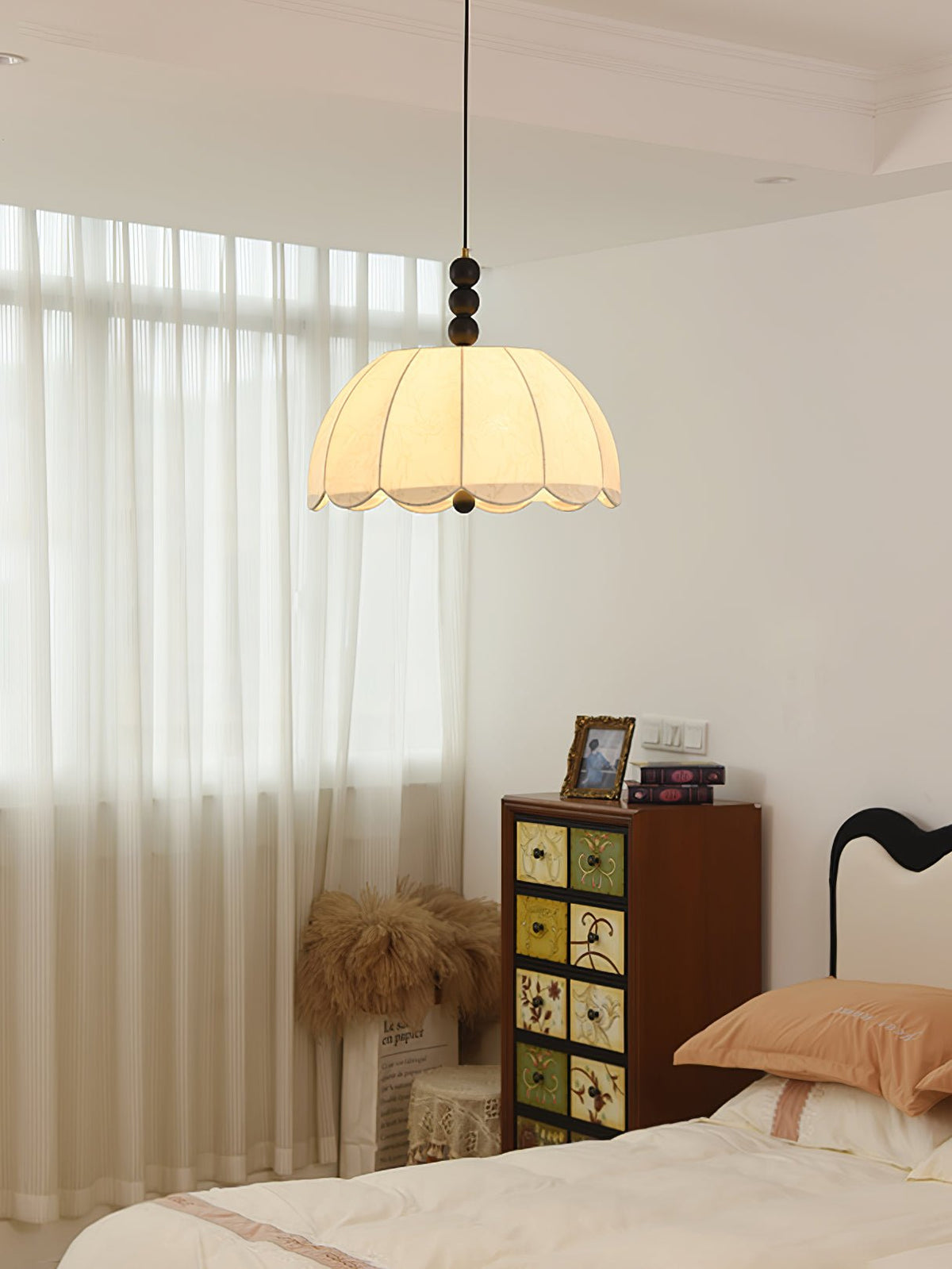 Blossom Fabric Swag Pendant Light – Walnut & Brass