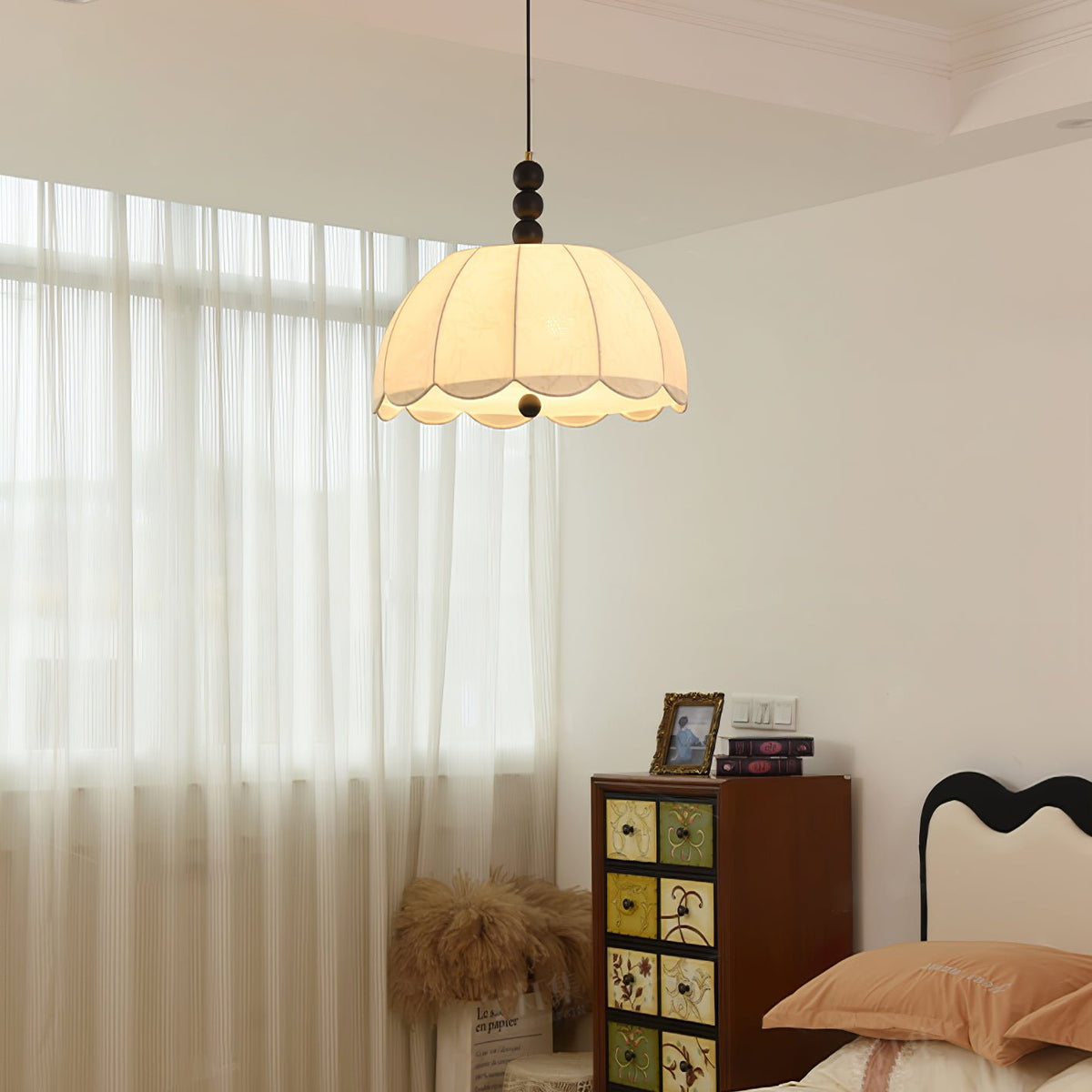 Blossom Fabric Swag Pendant Light – Walnut & Brass