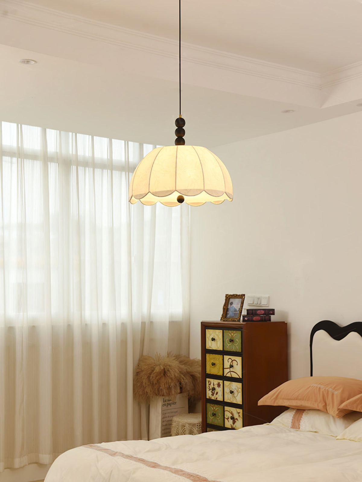 Blossom Fabric Swag Pendant Light – Walnut & Brass