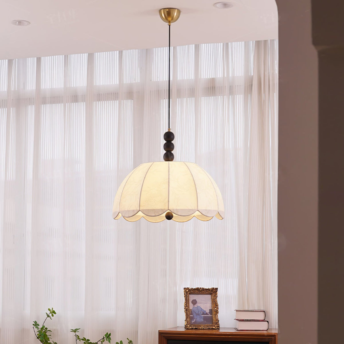 Blossom Fabric Swag Pendant Light – Walnut & Brass