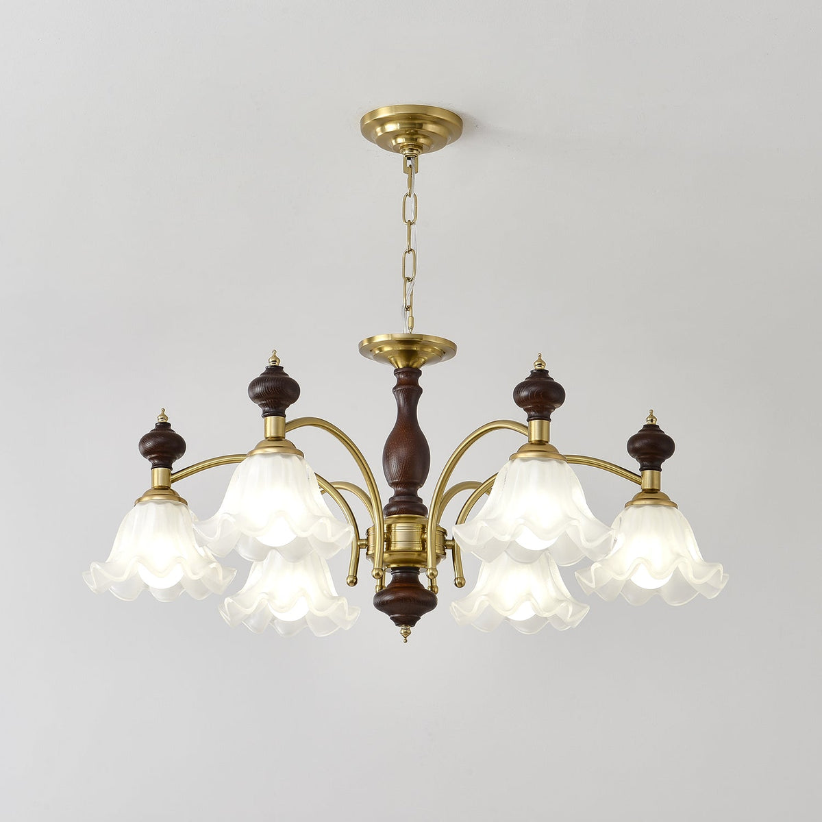 Ethereal Blossom Chandelier in Gold and Walnut with Glass Petals