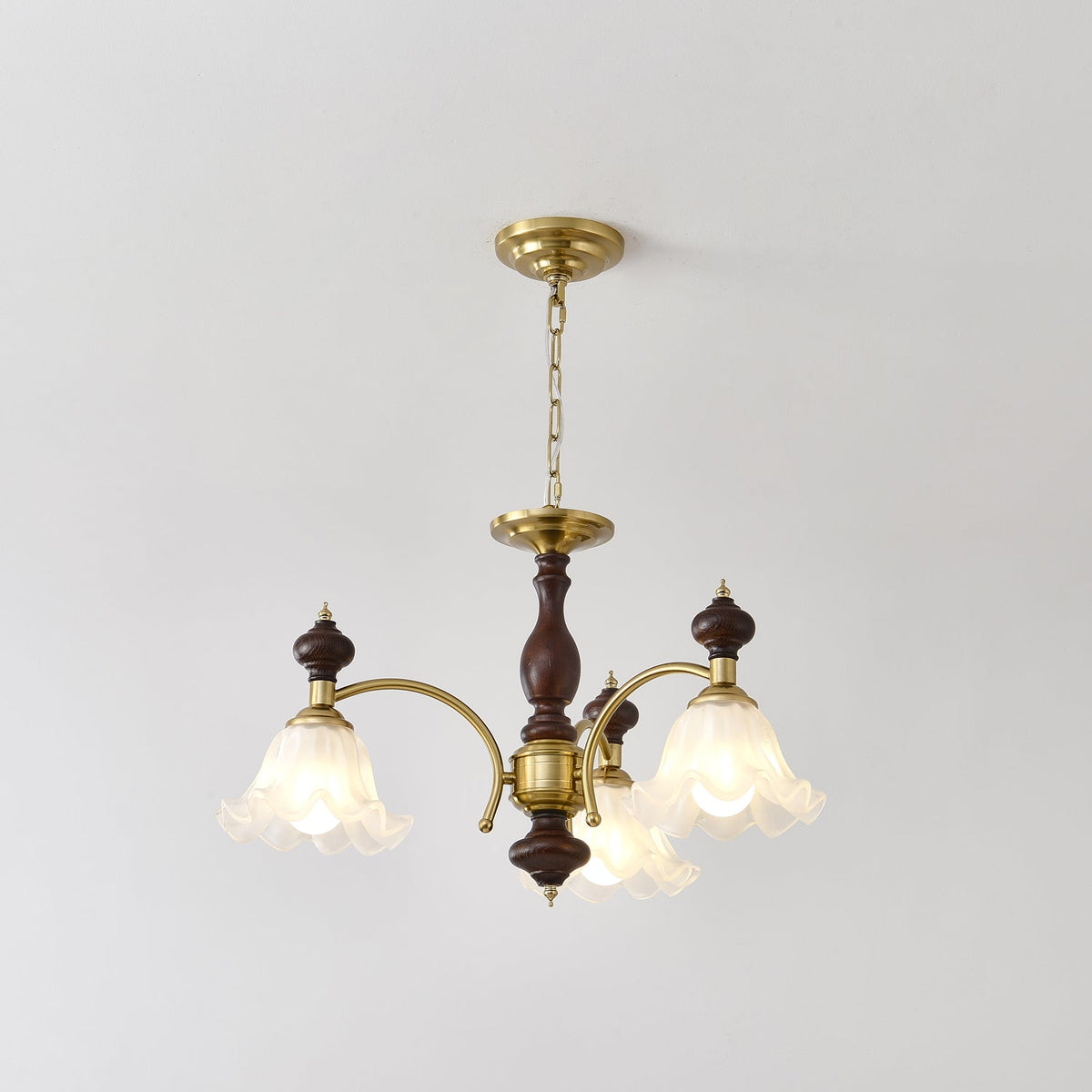 Ethereal Blossom Chandelier in Gold and Walnut with Glass Petals