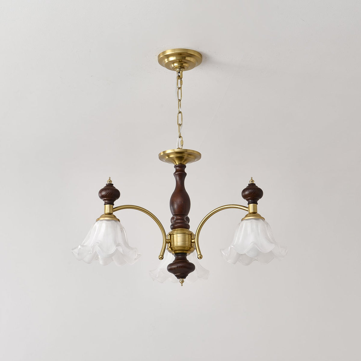 Ethereal Blossom Chandelier in Gold and Walnut with Glass Petals