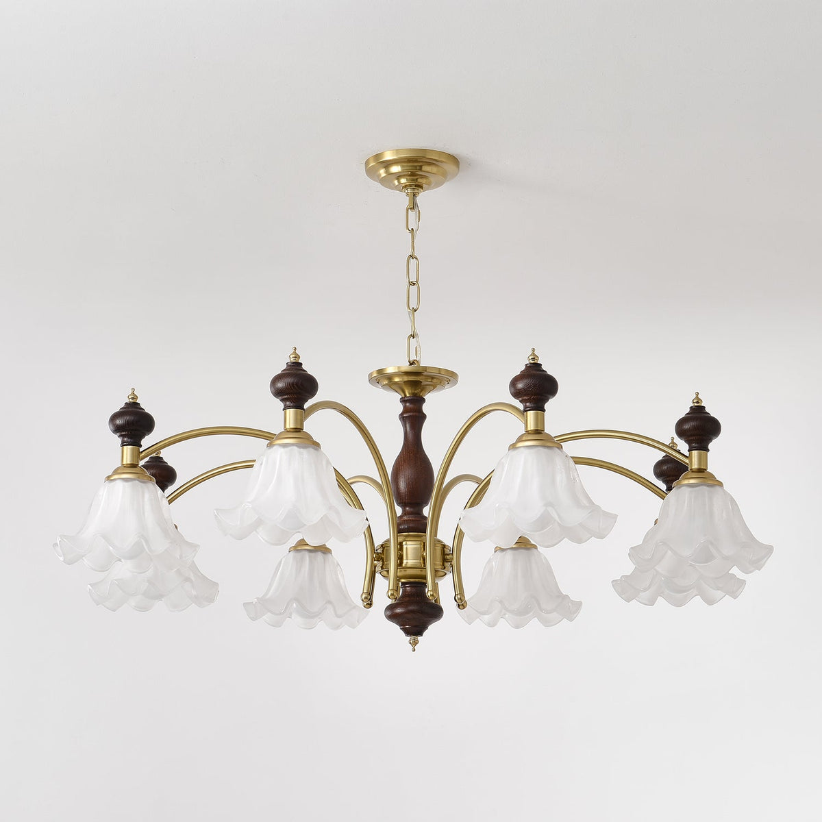 Ethereal Blossom Chandelier in Gold and Walnut with Glass Petals