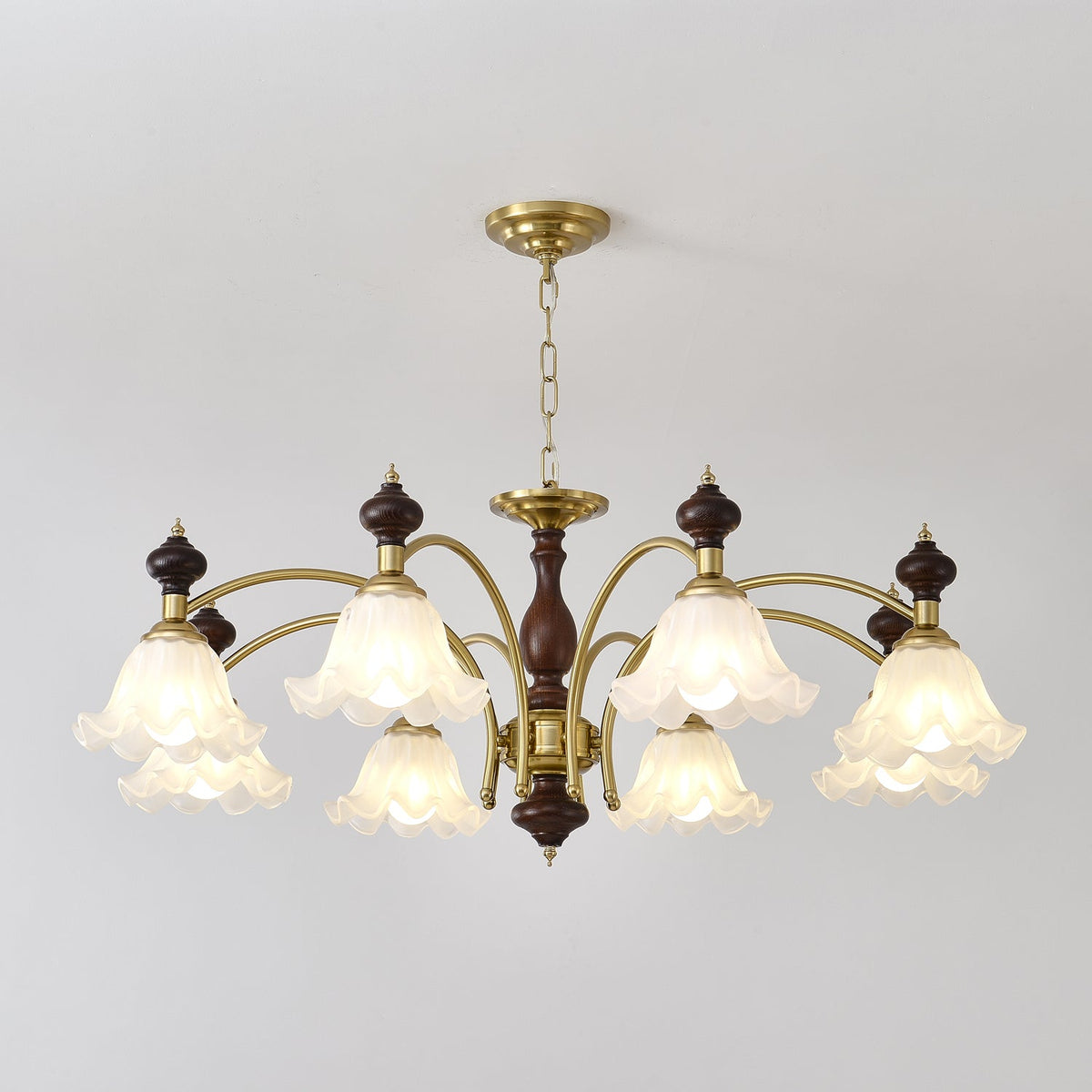 Ethereal Blossom Chandelier in Gold and Walnut with Glass Petals