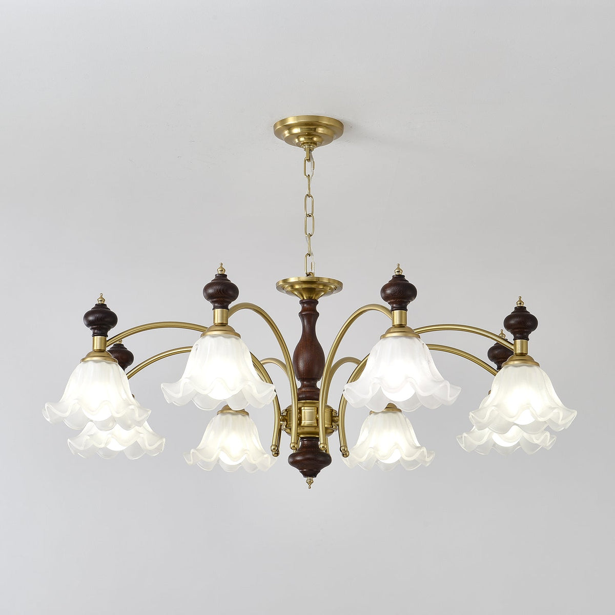 Ethereal Blossom Chandelier in Gold and Walnut with Glass Petals