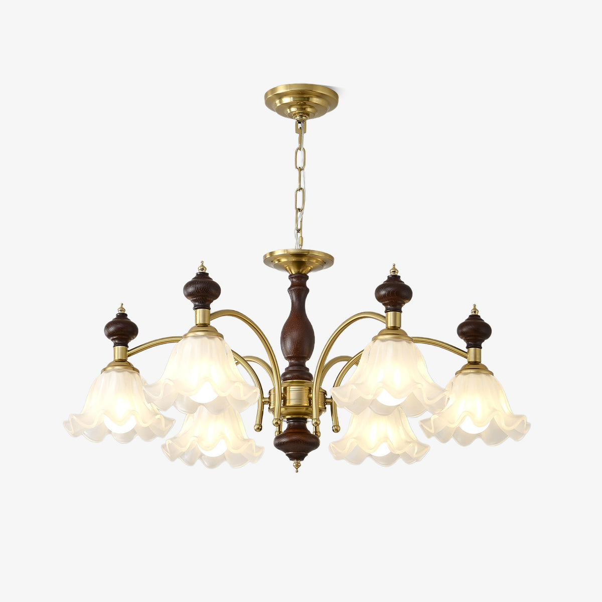 Ethereal Blossom Chandelier in Gold and Walnut with Glass Petals
