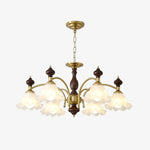 Ethereal Blossom Chandelier in Gold and Walnut with Glass Petals