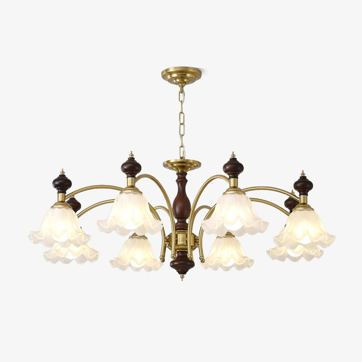 Ethereal Blossom Chandelier in Gold and Walnut with Glass Petals