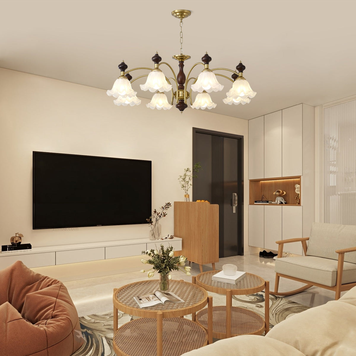 Ethereal Blossom Chandelier in Gold and Walnut with Glass Petals