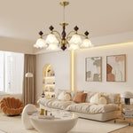 Ethereal Blossom Chandelier in Gold and Walnut with Glass Petals