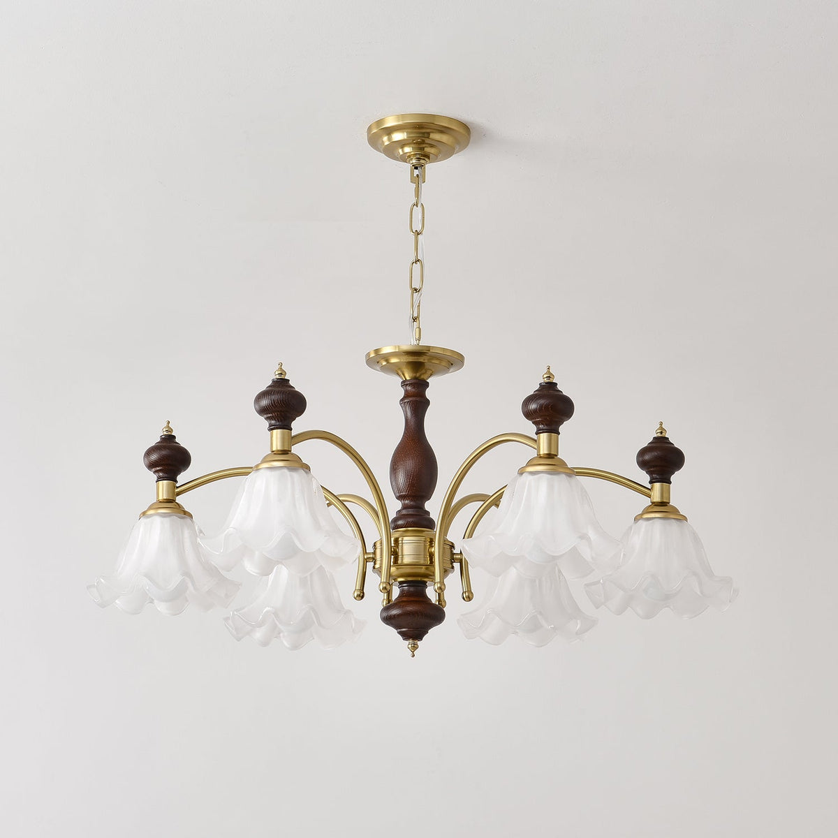 Ethereal Blossom Chandelier in Gold and Walnut with Glass Petals