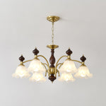 Ethereal Blossom Chandelier in Gold and Walnut with Glass Petals