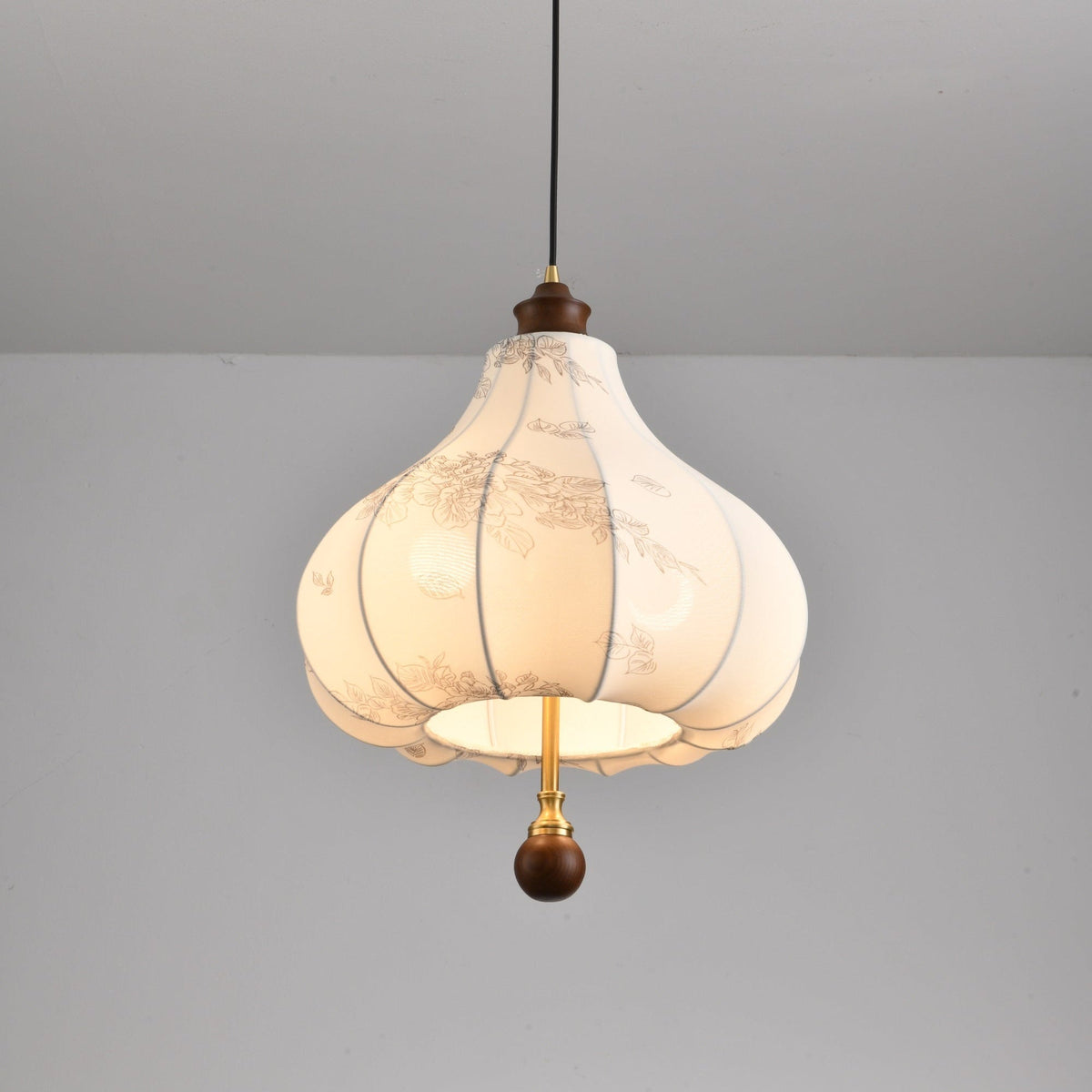 Blossom Lantern Pendant Light – Walnut Wood & Fabric Shade